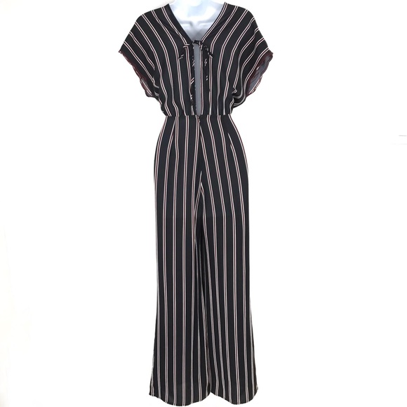 LUSH Dark Blue Red Vertical Line Striped Jumpsuit - Picture 4 of 5